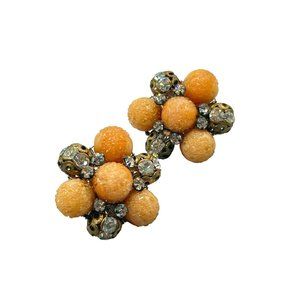 VOGUE Signed Vintage Clip On Earrings Sugared Orange Beads with Rhinestones